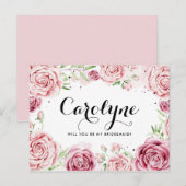 Roze Waterverf Rozen zijn mijn bruidsmeisje Uitnodiging Briefkaart (Voorkant / Achterkant)
