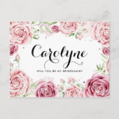 Roze Waterverf Rozen zijn mijn bruidsmeisje Uitnodiging Briefkaart (Voorkant)