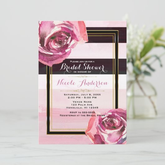 Roze Waterverf Rozen Zwart Wit Streep Modern Kaart (Staand voorkant)