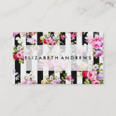 Roze waterverf rozen zwarte witte strepen visitekaartje (Voorkant)