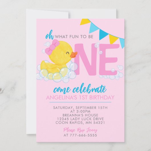 Roze Waterverf Rubber Duck 1e Verjaardagsfeestje Kaart (Voorkant)