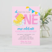 Roze Waterverf Rubber Duck 1e Verjaardagsfeestje Kaart (Staand voorkant)