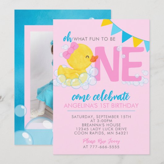 Roze Waterverf Rubber Duck 1e Verjaardagsfoto Kaart (Voorkant / Achterkant)