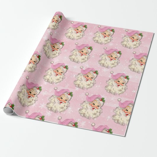  roze Waterverf Santa Retro Cadeaupapier (Uitgerold)