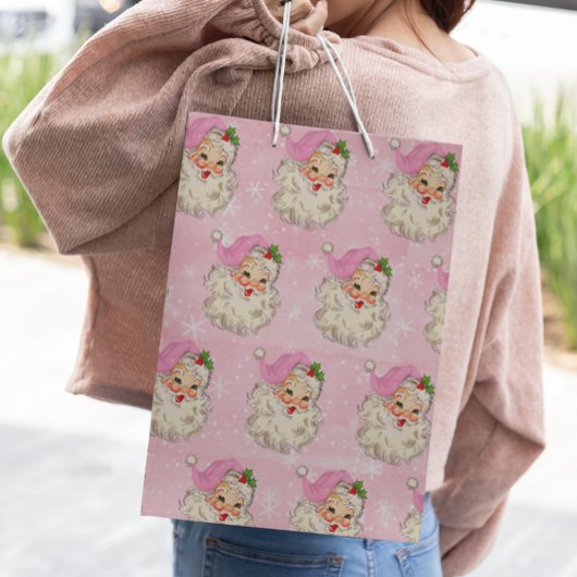 roze Waterverf Santa Retro Groot Cadeauzakje