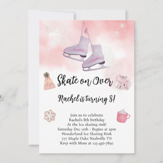Roze Waterverf Schaatsen Verjaardagsuitnodiging Kaart (Voorkant)