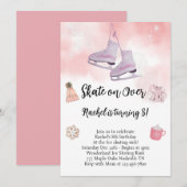 Roze Waterverf Schaatsen Verjaardagsuitnodiging Kaart (Voorkant / Achterkant)