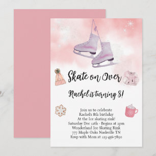 Roze Waterverf Schaatsen Verjaardagsuitnodiging Kaart