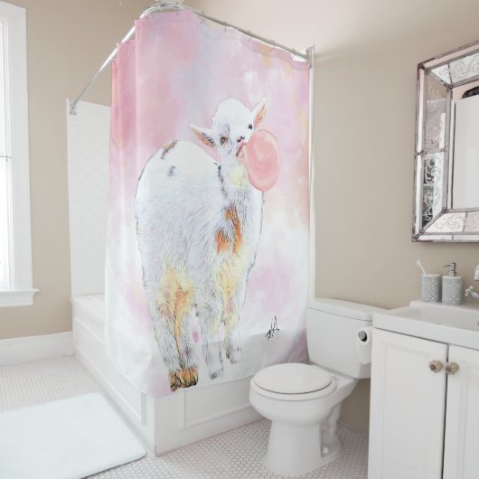 Roze Waterverf Schattige Baby Geitte met Bubblegum Douchegordijn (In situ)
