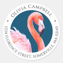 Roze Waterverf Schattige Flamingo Blauw Adres Ronde Sticker