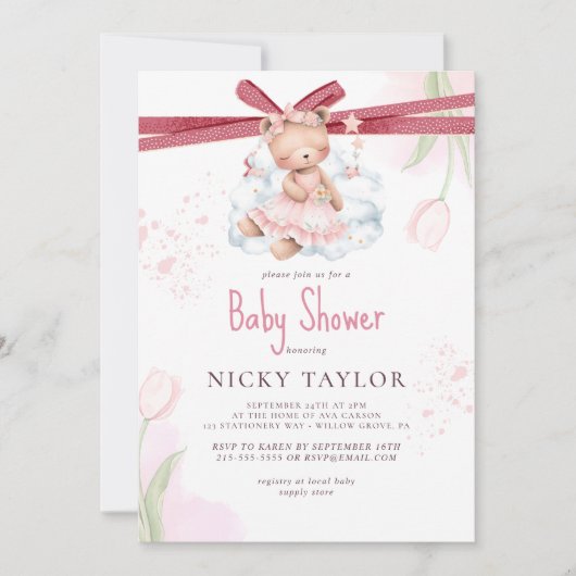 Roze Waterverf Schattigee teddybeer Baby shower Kaart (Voorkant)