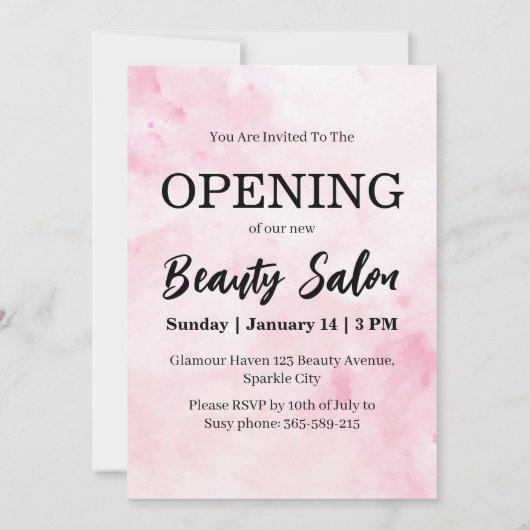 Roze Waterverf schoonheidssalon Grand Opening Kaart (Achterkant)