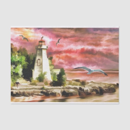 Roze Waterverf Seagulls Sunset Lighthouse Tissuepapier (Voorkant)