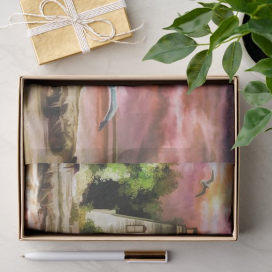 Roze Waterverf Seagulls Sunset Lighthouse Tissuepapier (Geschenk)