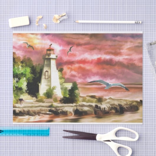 Roze Waterverf Seagulls Sunset Lighthouse Tissuepapier (Craft)