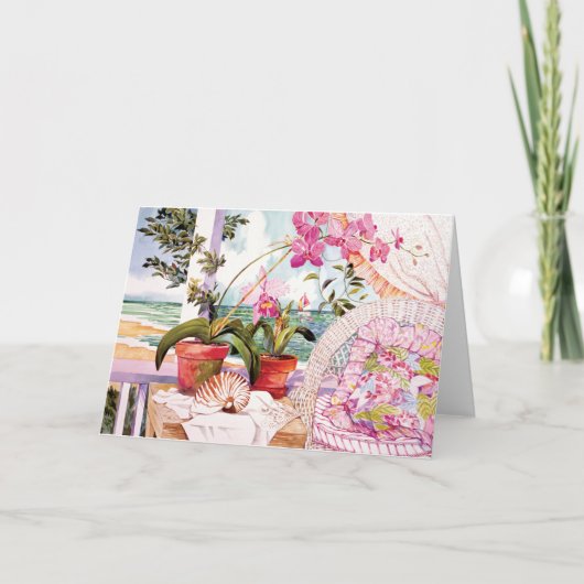 Roze Waterverf Seaside Uitzicht Note Kaart (Voorkant)