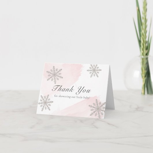 Roze Waterverf Silver Snowflakes Baby shower Bedankkaart (Voorkant)