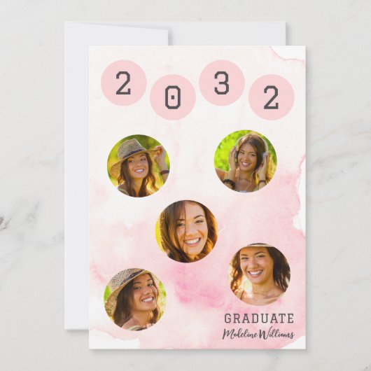 Roze Waterverf Six Photo Afstuderen Invitation Kaart (Voorkant)