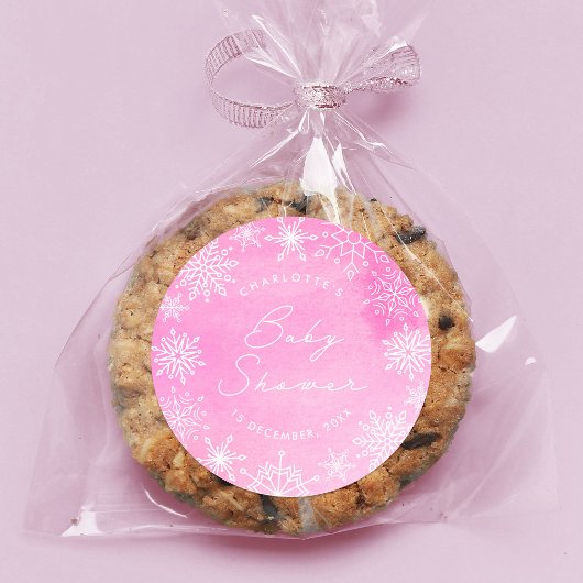 Roze Waterverf Sneeuwvlokken Baby shower Ronde Sticker