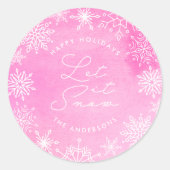 Roze Waterverf Sneeuwvlokken Laat het sneeuwvakant Ronde Sticker (Voorkant)