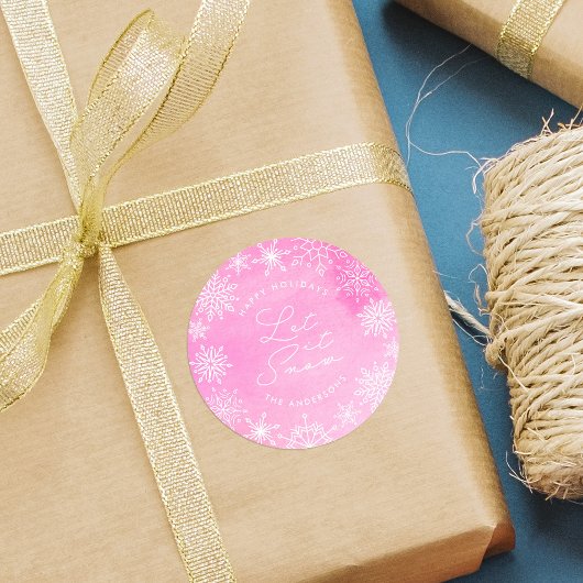 Roze Waterverf Sneeuwvlokken Laat het sneeuwvakant Ronde Sticker