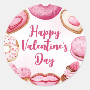 Roze Waterverf Snoepjes Valentijnsdag Kunst Ronde Sticker