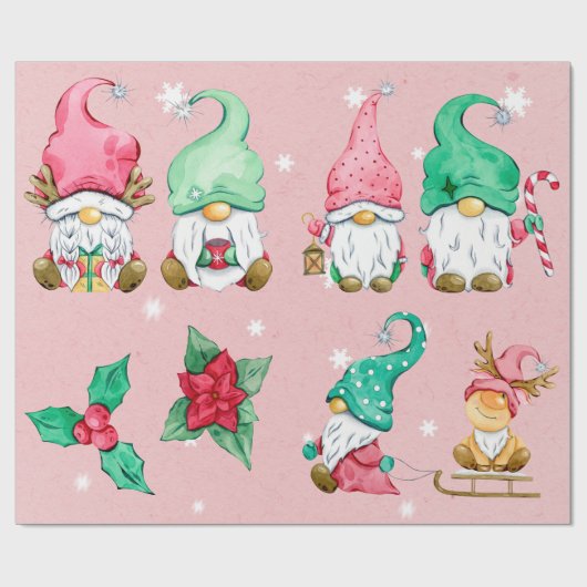 Roze Waterverf Snowy Winter Gnomes Cadeaupapier (Vlak)