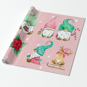 Roze Waterverf Snowy Winter Gnomes Cadeaupapier
