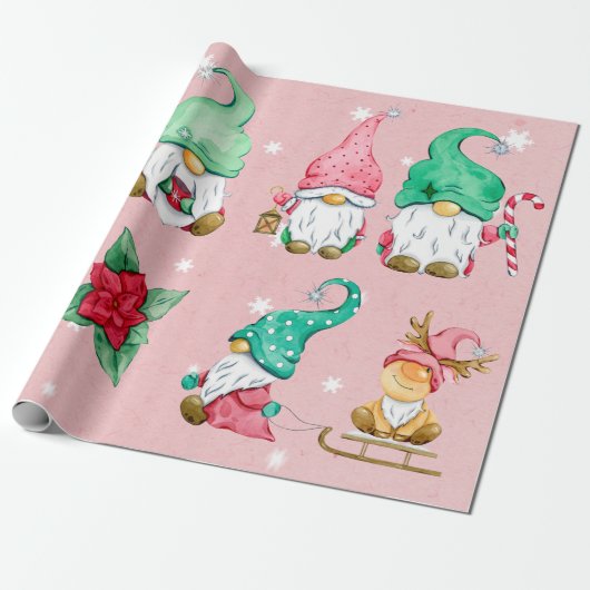 Roze Waterverf Snowy Winter Gnomes Cadeaupapier (Uitgerold)