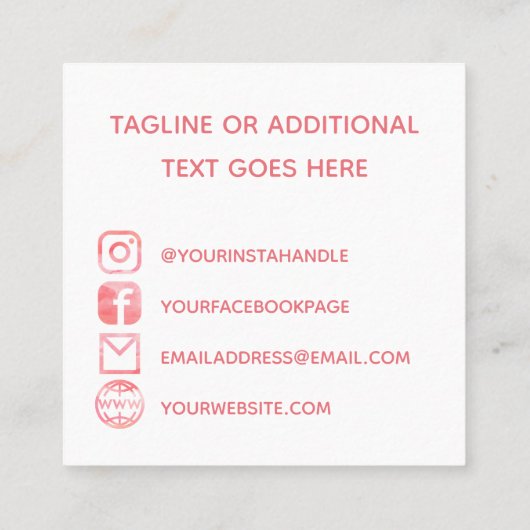Roze Waterverf sociale media pictogrammen en uw Lo Vierkante Visitekaartje (Achterkant)