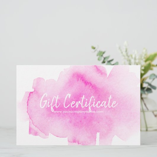 Roze Waterverf Splash Cadeaubon Briefpapier (Staand voorkant)
