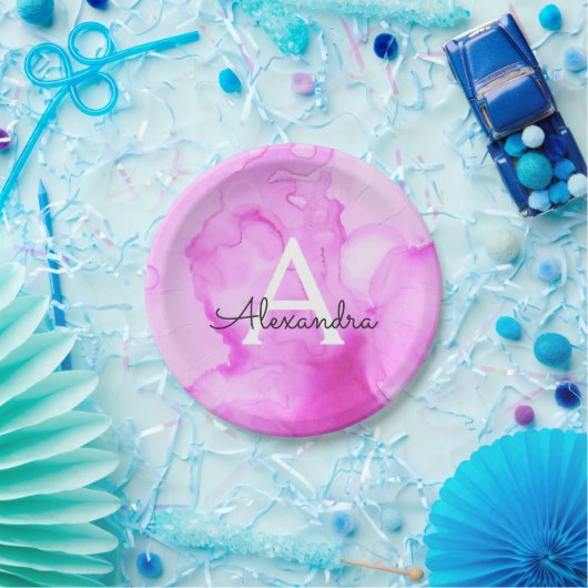 Roze Waterverf Splash Monogram Naam en Initiaal Papieren Bordje (Feest)