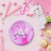 Roze Waterverf Splash Monogram Naam en Initiaal Papieren Bordje (Feest)