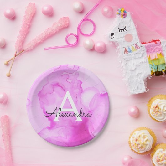 Roze Waterverf Splash Monogram Naam en Initiaal Papieren Bordje (Feest)