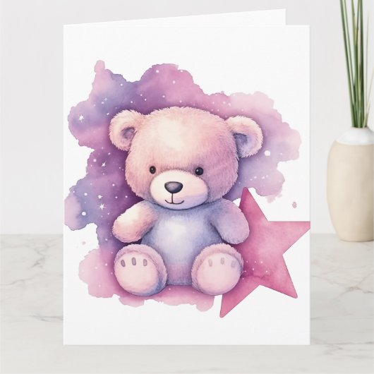 Roze Waterverf Star Teddy Bear Kaart (Voorkant)