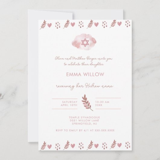 Roze Waterverf Ster van David Baby Naming Kaart (Voorkant)