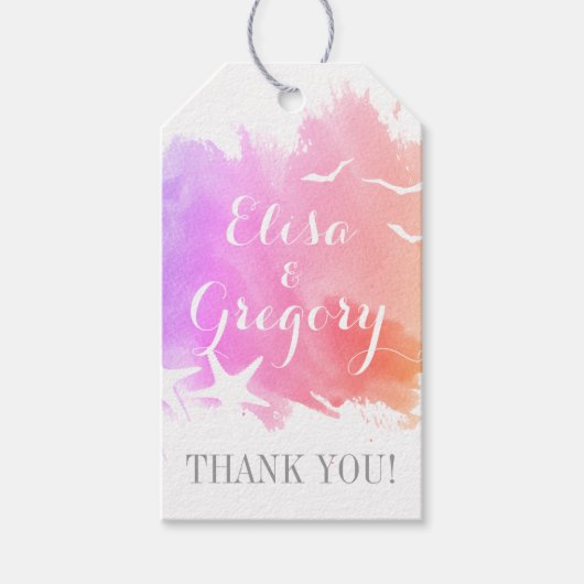 Roze waterverf, stervisstrand bruiloft Bedankt Cadeaulabel (Voorkant)