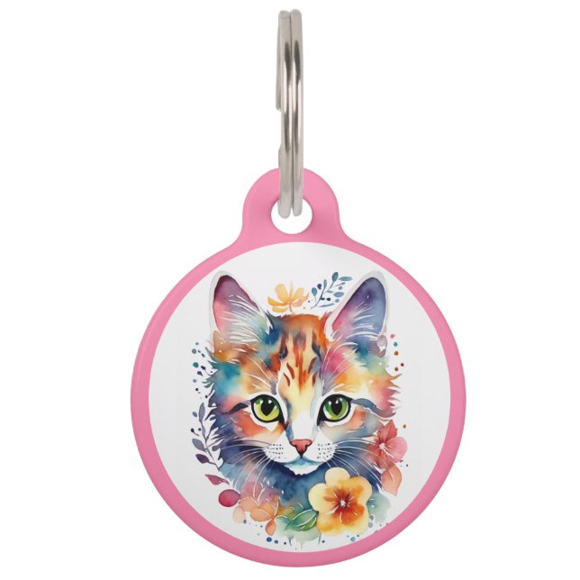 Roze Waterverf Stijl Floral Kitten Huisdierpenning (Voorkant)