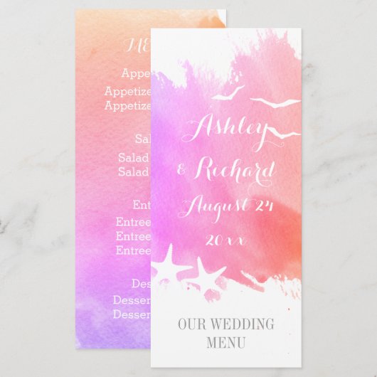 Roze waterverf, strandtrouwmenu zeester menu (Voorkant / Achterkant)