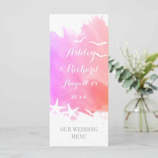 Roze waterverf, strandtrouwmenu zeester menu (Staand voorkant)