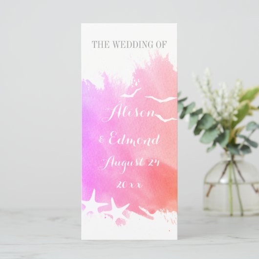 Roze waterverf, strandtrouwprogramma voor zeesterk programmakaart (Staand voorkant)