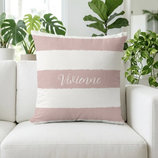 Roze Waterverf Strepen Monogram Naam Kussen (Blush Pink Watercolor Stripes Monogram Name Throw Pillow)