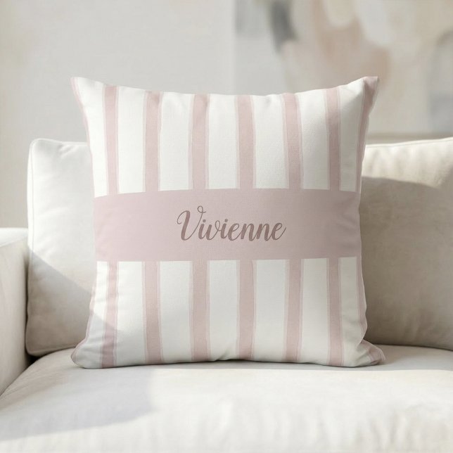 Roze Waterverf Strepen Monogram Naam Kussen (Blush Pink Watercolor Stripes Monogram Name Throw Pillow)