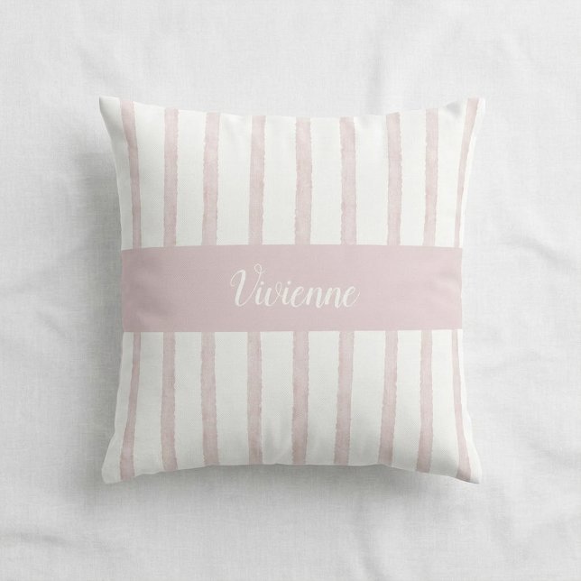 Roze Waterverf Strepen Monogram Naam Kussen (Blush Pink Watercolor Stripes Monogram Name Throw Pillow)