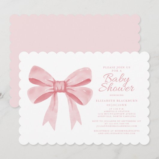 Roze Waterverf strik meisje Baby elegante douche b Kaart (Voorkant / Achterkant)