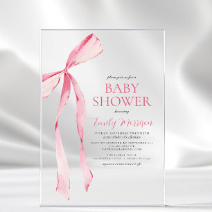 Roze Waterverf Strik Meisje Baby Shower Acryl Uitnodigingen
