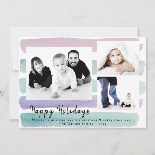 Roze Waterverf Stripe 3 Photo Collage Kerstmis Feestdagenkaart (Voorkant)