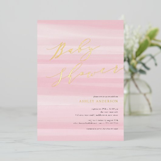Roze Waterverf Stripe Baby shower Folie Folie Uitnodiging (Staand Voorkant)