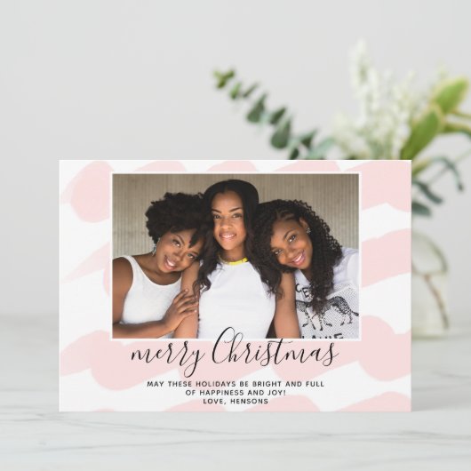 Roze Waterverf Stripe kerstfotokaart (Staand voorkant)