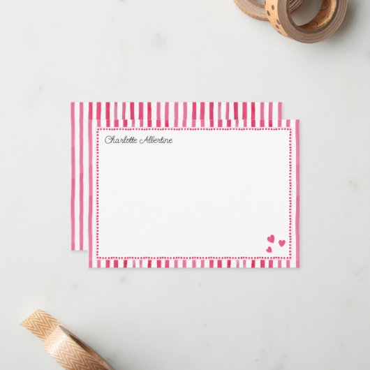Roze Waterverf Stripe Liefje Persoonlijk Notitiekaartje (Voorkant / Achterkant in situ)